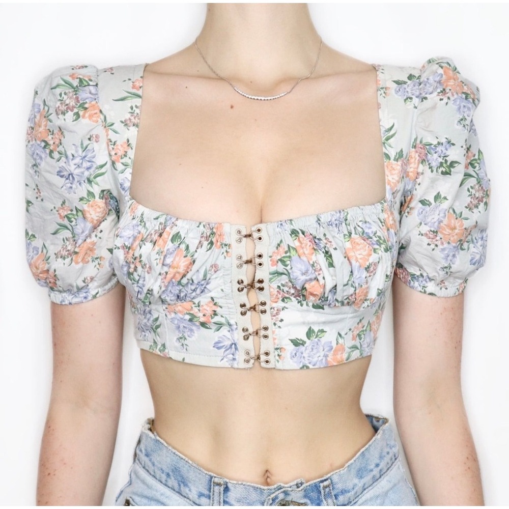 House of CB Floral Puff Sleeve Crop Top in White with Peach & Lavender Flowers
